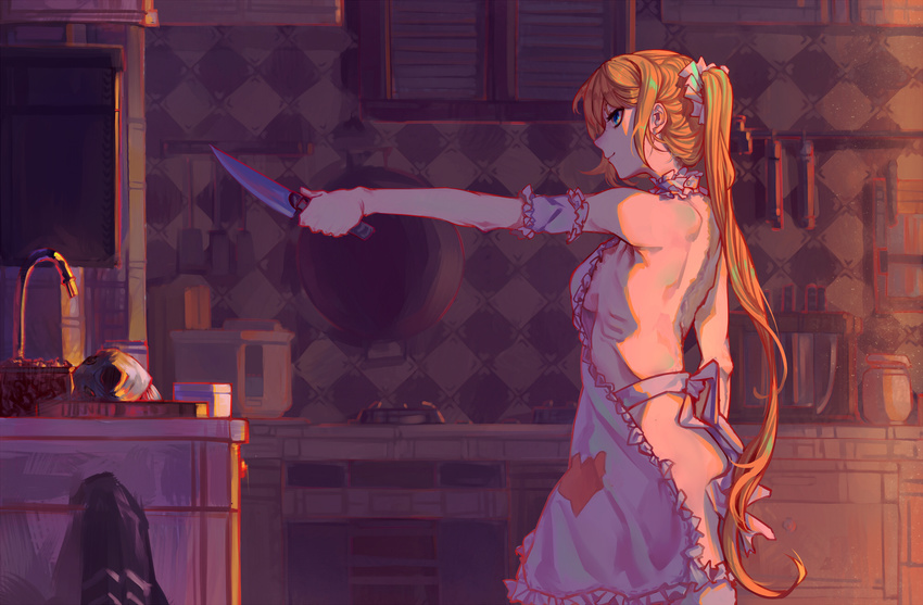apron blonde_hair breasts burner closed_mouth elbow_gloves faucet fish forte frilled_apron frills from_side gloves hair_ornament hair_scrunchie highres holding holding_knife kitchen kitchen_knife knife long_hair medium_breasts naked_apron original outstretched_arm ponytail profile ribs scrunchie sideboob smile solo spatula standing very_long_hair white_gloves wok