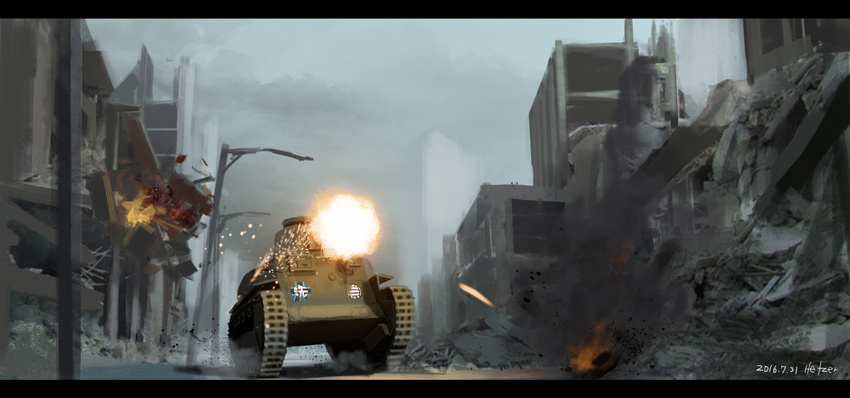 artist_name building dated destruction emblem explosion firing furukawa_herzer girls_und_panzer ground_vehicle highres letterboxed military military_vehicle motor_vehicle no_humans ooarai_(emblem) outdoors ruins signature tank tank_focus type_89_i-gou volleyball war