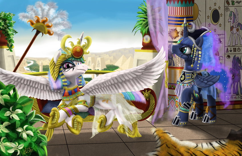 absurd_res blue_eyes blue_feathers blue_fur clothed clothing cutie_mark day detailed_background digital_media_(artwork) egyptian equine evil-dec0y feathered_wings feathers female feral friendship_is_magic fur hair hi_res hooves horn looking_at_viewer lying mammal markings my_little_pony outside pink_eyes princess_celestia_(mlp) princess_luna_(mlp) sky standing white_feathers white_fur winged_unicorn wings