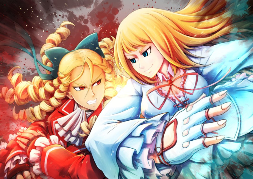 2girls antenna_hair blonde_hair blue_eyes capcom crossover drill_hair emilie_de_rochefort fighting fighting_stance fingerless_gloves gloves hair_bow hair_slicked_back half_updo highres kanzuki_karin multiple_girls red_eyes ringlets school_uniform serafuku smile street_fighter tekken