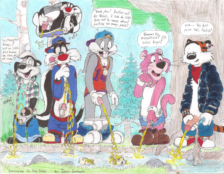 anthro bugs_bunny calvin_and_hobbes cat clothing feline group hobbes humanoid_penis lagomorph looney_tunes male mammal outside panther peeing penis pep&eacute;_le_pew pink_panther rabbit skunk sylvester tiger timon-berkowitz urine warner_brothers