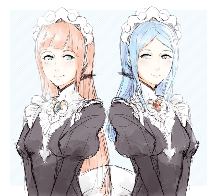 2girls alternate_hairstyle apron aqua_eyes blue_hair blush bow commentary felicia_(fire_emblem_if) fire_emblem fire_emblem_if flora_(fire_emblem_if) frilled_apron frills headdress lithety long_hair long_sleeves looking_at_another maid maid_apron maid_headdress multiple_girls pink_hair puffy_long_sleeves puffy_sleeves siblings sisters sketch smile striped striped_background upper_body