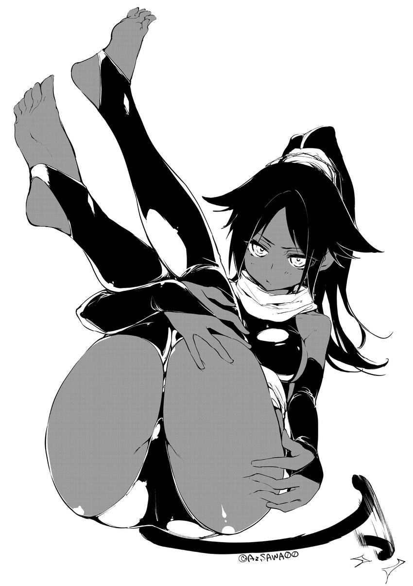 &gt;:/ 1girl =_= animal_ears ask02 ass bare_shoulders barefoot black_cat black_clothes black_hair black_legwear black_thighhighs bleach breasts cat cat_tail catgirl closed_mouth dark_skin detached_sleeves elbow_gloves feet fingerless_gloves gloves hair_ornament hands high_ponytail highleg highleg_leotard highres holding_legs invitation knees_together_feet_apart legs_up leotard long_hair looking_at_viewer monochrome nekomimi presenting scarf shihouin_yoruichi shinigami shiny shiny_clothes sideboob skin_tight skindentation soles solo spreading tail tail_wagging thighhighs thighs tied_hair toes tsundere twitter_username white_background