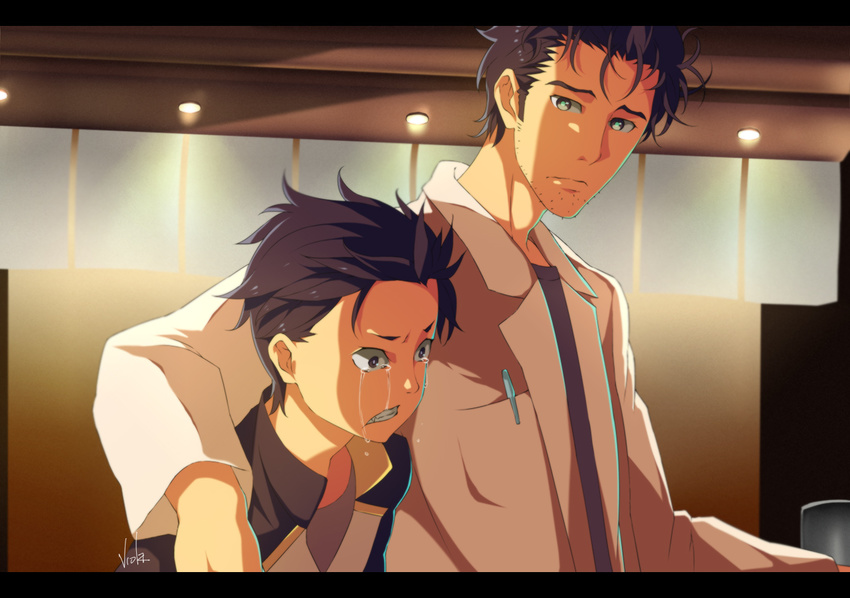 angry arm_around_shoulder artist_name banned_artist black_eyes black_hair ceiling_light check_commentary clenched_teeth closed_mouth coat comforting commentary_request crossover crying facial_hair furrowed_eyebrows hair_slicked_back jacket labcoat letterboxed long_sleeves looking_at_another male_focus multiple_boys natsuki_subaru okabe_rintarou open_clothes open_coat pen pocket re:zero_kara_hajimeru_isekai_seikatsu shade sideburns signature steins;gate streaming_tears stubble tears teeth trait_connection undershirt upper_body viola_(seed)