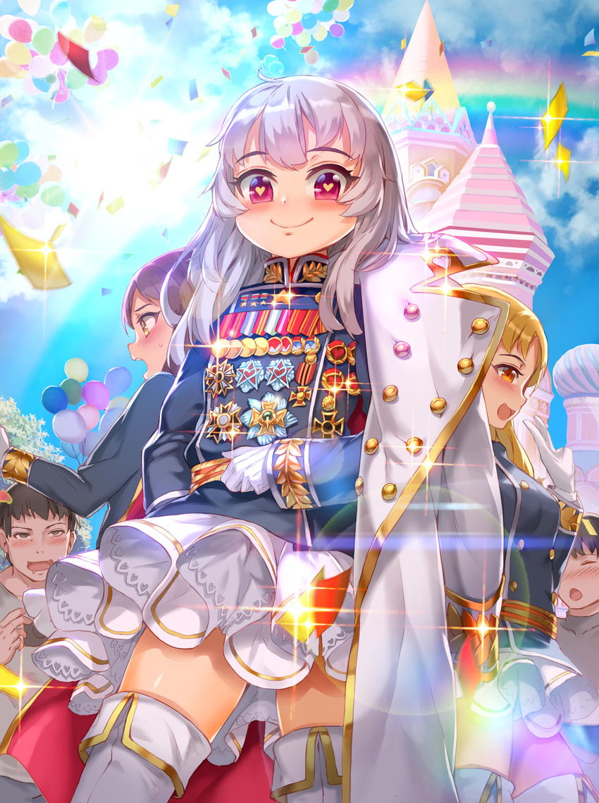 absurdres balloon banned_artist blue_sky blush day from_below furyou_michi_~gang_road~ gloves heart heart-shaped_pupils highres looking_at_viewer medal military multiple_girls open_mouth outdoors pink_eyes rainbow sky smile symbol-shaped_pupils v xil