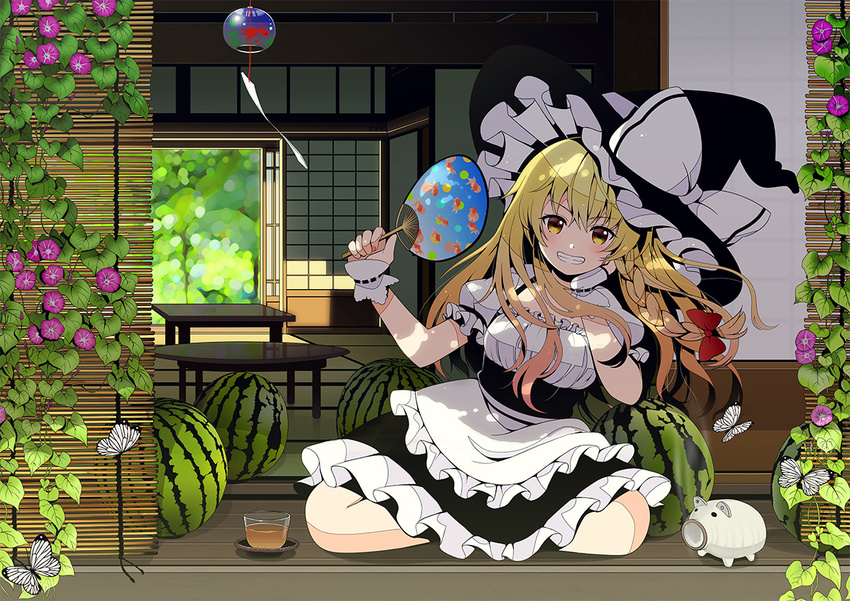 apron banned_artist blonde_hair bow braid bug butterfly chabudai_(table) chin_rest clenched_teeth dappled_sunlight fan flower food frilled_apron frills fruit glass grin hair_bow hat hat_bow holding holding_fan indian_style insect kayari_buta kirisame_marisa long_hair looking_at_viewer morning_glory paper_fan plant puffy_short_sleeves puffy_sleeves short_sleeves shouji side_braid sitting sliding_doors smile solo summer sunlight table tatami teeth touhou uchiwa underbust veranda vines waist_apron watermelon wind_chime witch_hat wrist_cuffs yellow_eyes yuuka_nonoko