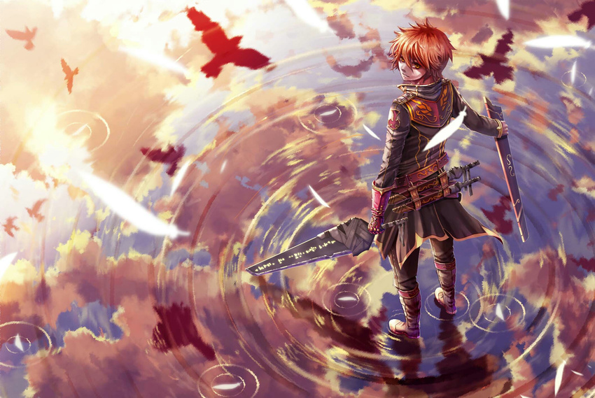 bird boots brown_hair cloud fantasy feathers flock highres jacket male_focus original pigsomedom reflection ripples salt_flats scabbard sheath sky solo standing standing_on_liquid sword water weapon