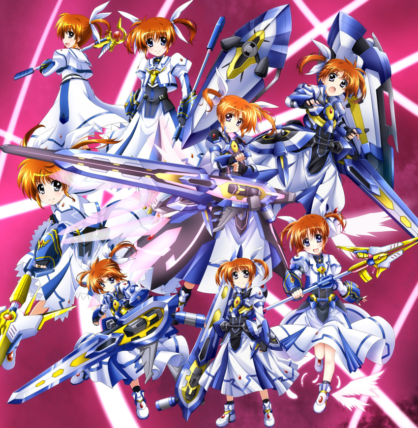 6+girls :d absurdres armor armored_dress black_gloves blue_eyes boots brown_hair closed_mouth commentary_request dress fingerless_gloves floating fortress_(nanoha) frown gauntlets gloves gun hair_ribbon highres holding holding_gun holding_staff holding_weapon juliet_sleeves long_dress long_sleeves looking_at_viewer looking_back lyrical_nanoha magical_girl mahou_shoujo_lyrical_nanoha mahou_shoujo_lyrical_nanoha_a's mahou_shoujo_lyrical_nanoha_detonation mahou_shoujo_lyrical_nanoha_reflection mahou_shoujo_lyrical_nanoha_the_movie_1st mahou_shoujo_lyrical_nanoha_the_movie_2nd_a's multiple_girls multiple_persona open_mouth puffy_sleeves raising_heart ribbon smile staff standing strike_cannon takamachi_nanoha twintails weapon white_dress white_footwear white_ribbon yorousa_(yoroiusagi)