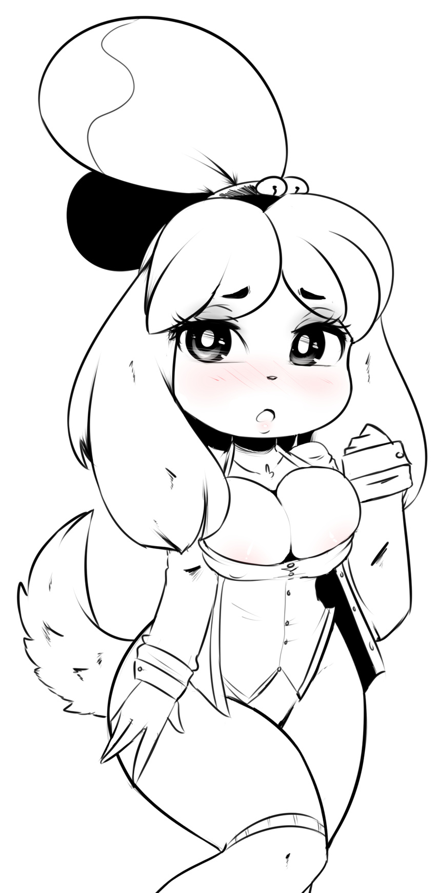 2016 animal_crossing anthro areola big_breasts blush bottomless breasts canine cleavage clothed clothing dog female fur hair hearlesssoul isabelle_(animal_crossing) legwear looking_at_viewer mammal nintendo open_mouth shirt solo stockings video_games