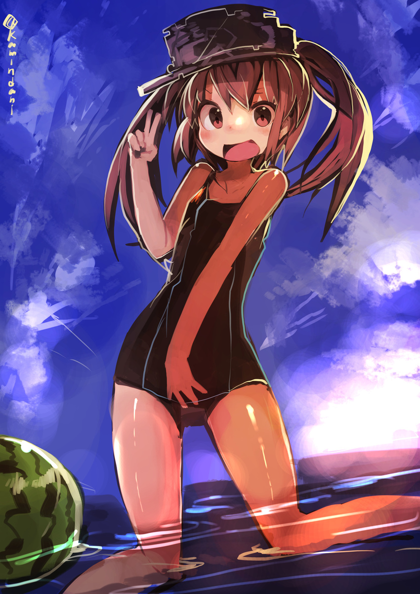 :d absurdres bare_shoulders blue_sky blush brown_hair cloud day flat_chest food fruit highres kaamin_(mariarose753) kantai_collection kneeling one-piece_swimsuit open_mouth partially_submerged ryuujou_(kantai_collection) school_swimsuit sky smile solo swimsuit twintails twitter_username v visor_cap water watermelon