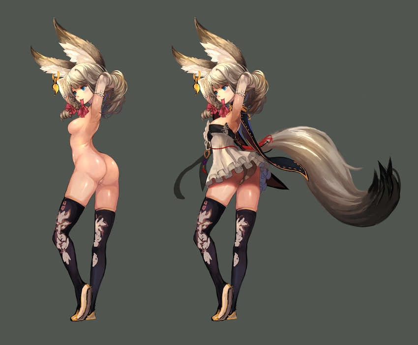 adjusting_hair animal_ear_fluff animal_ears arms_behind_head ass blade_&amp;_soul blue_eyes breasts earrings elbow_gloves gloves grey_background highres jewelry large_tail lyn_(blade_&amp;_soul) medium_breasts mouth_hold multiple_views panties qbspdl simple_background tail underwear variations