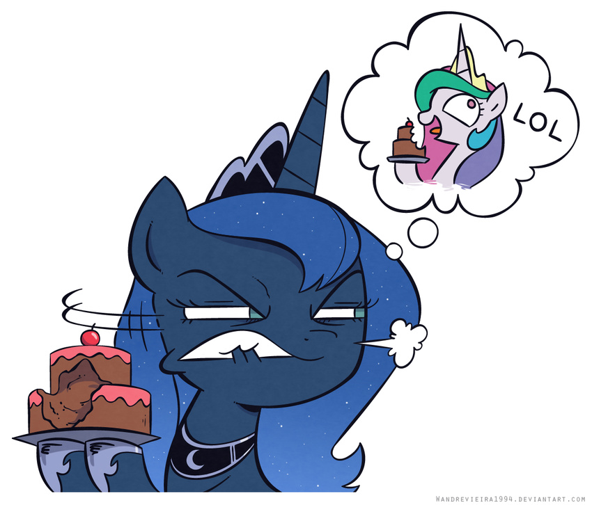 biting_lip blue_hair cake cherry duo equine female food friendship_is_magic fruit hair humor jewelry mammal my_little_pony necklace princess_celestia_(mlp) princess_luna_(mlp) sparkles wandrevieira1994