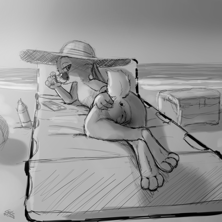 anus beach bedroom_eyes butt cellphone disney eyewear female greyscale half-closed_eyes judy_hopps leto_(artist) letodoesart looking_at_viewer lying monochrome nude on_front outside phone pussy radio sand sea seaside seductive solo spread_butt spreading sun_hat sunbathing sunglasses sunhat water zootopia