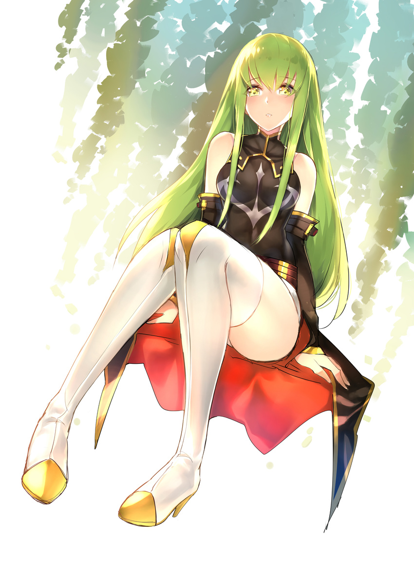 absurdres black_dress blush boots breasts c.c. code_geass covered_navel detached_sleeves dress full_body green_hair high_heel_boots high_heels highres horz long_hair long_sleeves looking_at_viewer medium_breasts parted_lips sidelocks sitting smile solo thigh_boots thighhighs very_long_hair white_footwear white_legwear yellow_eyes