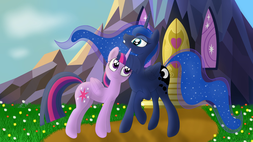 2016 blue_eyes blue_feathers blue_fur blue_hair castle crystal cutie_mark door duo equine feathered_wings feathers female feral friendship_is_magic fur grass hair hi_res horn infinitoa mammal multicolored_hair my_little_pony outside princess_luna_(mlp) purple_eyes purple_feathers purple_fur sky twilight_sparkle_(mlp) window winged_unicorn wings