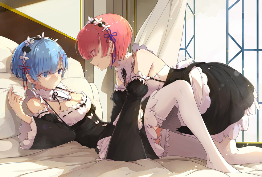 all_fours bangs blue_eyes blue_hair blunt_bangs breasts cleavage commentary commentary_request curtains detached_collar detached_sleeves eyes_visible_through_hair from_side girl_on_top hair_ornament hair_ribbon highres incest indoors knee_up looking_at_another maid medium_breasts multiple_girls no_shoes on_bed partial_commentary pillow pink_eyes pink_hair profile ram_(re:zero) re:zero_kara_hajimeru_isekai_seikatsu red_ribbon rem_(re:zero) ribbon sam_ashton short_hair siblings sisters smile thighhighs twincest twins white_legwear window x_hair_ornament yuri