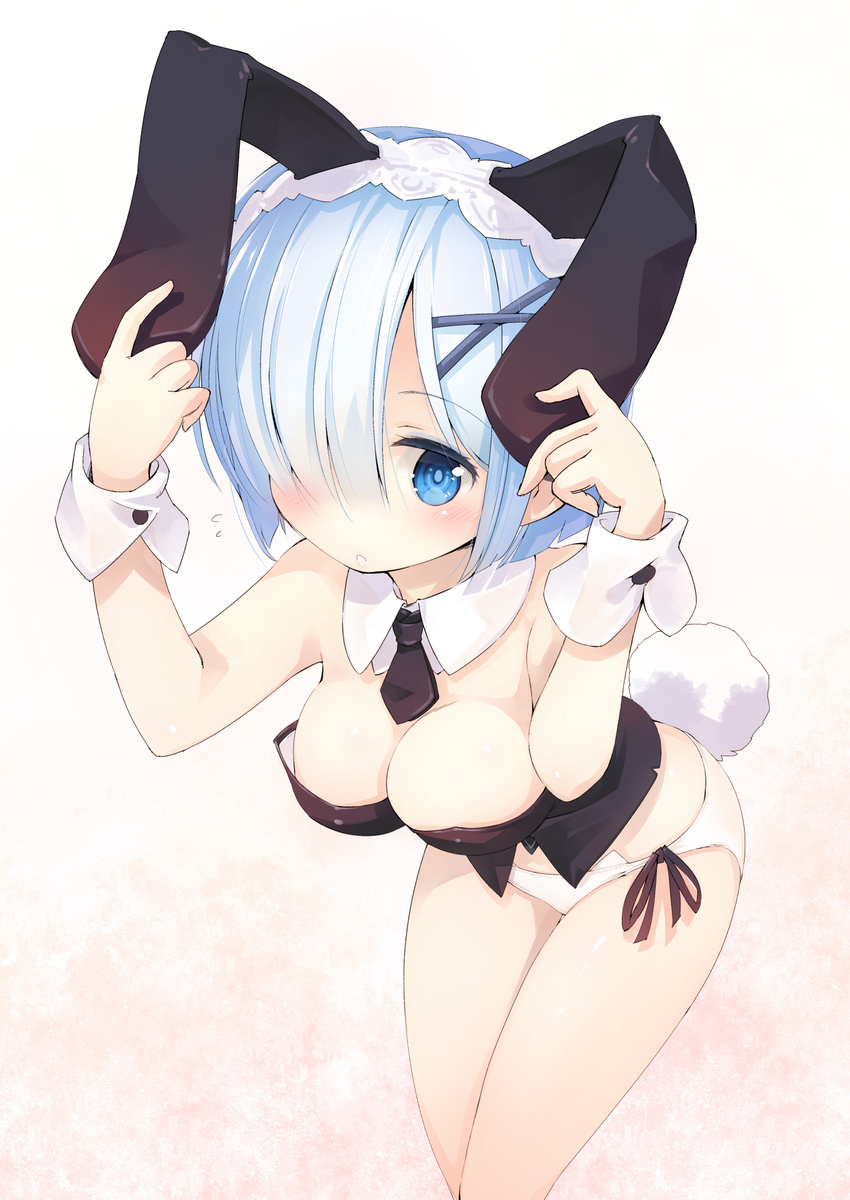 :o alternate_costume animal_ears arms_up bangs bare_shoulders black_neckwear black_ribbon black_vest blue_eyes blue_hair blunt_bangs blush breasts bunny_day bunny_ears bunny_girl bunny_tail cleavage commentary_request detached_collar fake_animal_ears flying_sweatdrops hair_over_one_eye hairband highres leaning_forward looking_at_viewer medium_breasts mini_necktie nanaroku_(fortress76) necktie panties parted_bangs pink_background re:zero_kara_hajimeru_isekai_seikatsu rem_(re:zero) ribbon short_hair side-tie_panties simple_background solo standing tail underwear vest white_panties wrist_cuffs