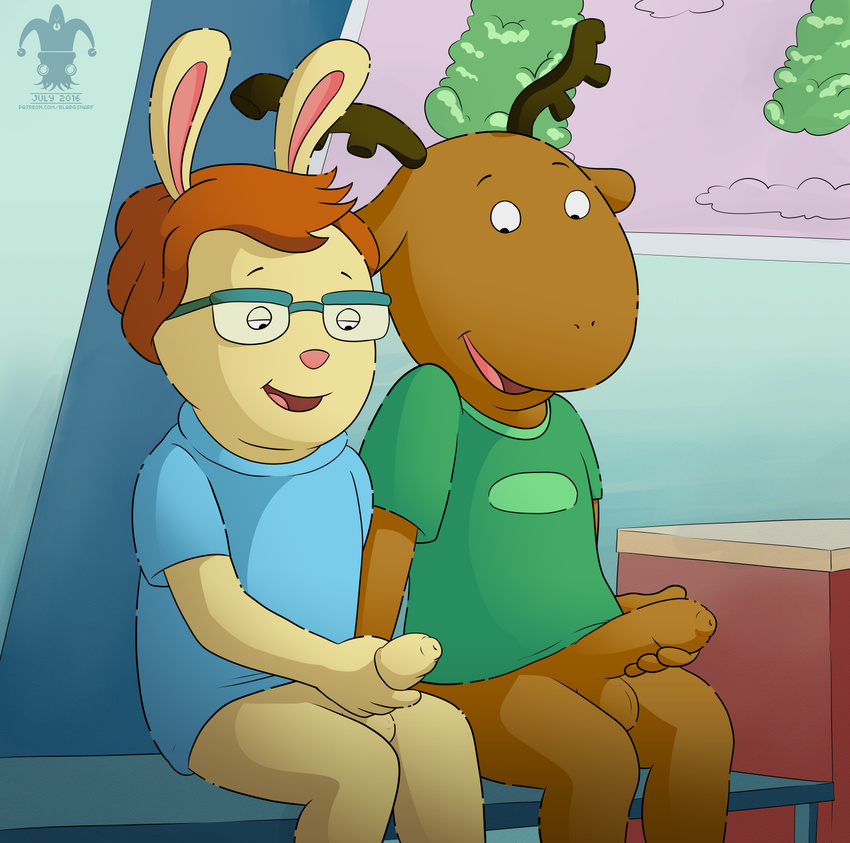 2016 anthro arthur_(series) balls blargsnarf bottomless carl cervine clothed clothing comparing comparing_penis cub detailed_background digital_media_(artwork) duo flaccid george_lundgren hi_res humanoid_penis inside lagomorph long_foreskin male mammal moose partially_clothed penetration penis rabbit show_me_yours uncut young