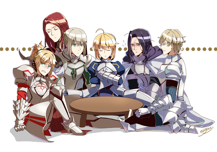4boys ? ahoge armor artist_name artoria_pendragon_(all) bad_id bad_pixiv_id banned_artist bedivere black_hair blonde_hair breastplate clenched_teeth closed_eyes closed_mouth expressionless fate/apocrypha fate/extra fate/grand_order fate/stay_night fate/zero fate_(series) faulds full_body gauntlets gawain_(fate/extra) green_eyes lancelot_(fate/zero) light_brown_hair long_hair mordred_(fate) mordred_(fate)_(all) multiple_boys multiple_girls nazoushi parted_lips ponytail red_hair saber seiza shoulder_armor shoulder_pads simple_background sitting spaulders spread_legs table teeth tristan_(fate/grand_order) turn_pale white_background