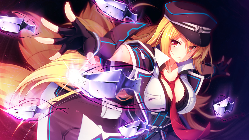 1girl aristear_remain astronauts astronauts_comet black_bra blonde_hair blush bra breasts cleavage collared_shirt eyebrows eyebrows_visible_through_hair fingerless_gloves game_cg hat highres kanzaki_eruza kokusan_moyashi large_breasts long_hair looking_away magic necktie red_eyes rozea serious simple_background solo standing