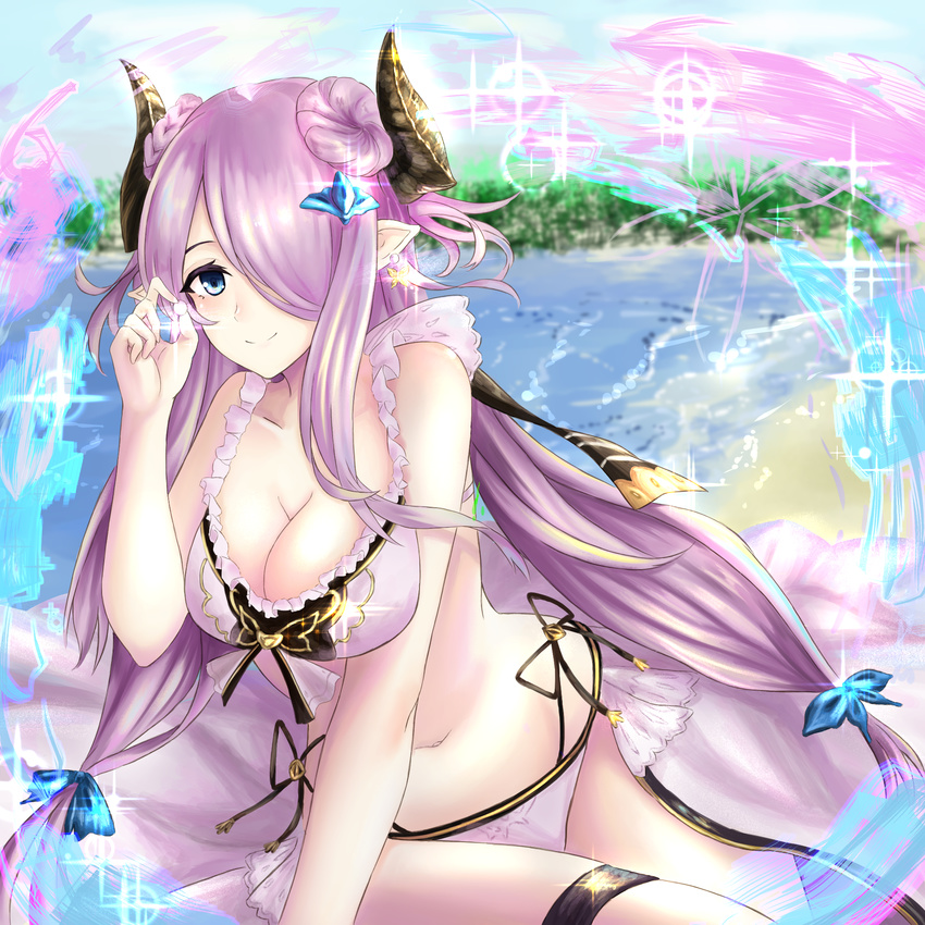 1girl bare_shoulders beach bikini blue_eyes braid breasts cleavage cow_girl cow_horns curvy female granblue_fantasy hair_ornament hair_over_one_eye hairclip highres horns large_breasts long_hair long_skirt looking_at_viewer narumeia_(granblue_fantasy) navel ocean open_skirt outdoors pearl pointy_ears purple_hair shiny sitting skirt smile solo summer swimsuit white_bikini white_swimsuit wide_hips yukidaifuku