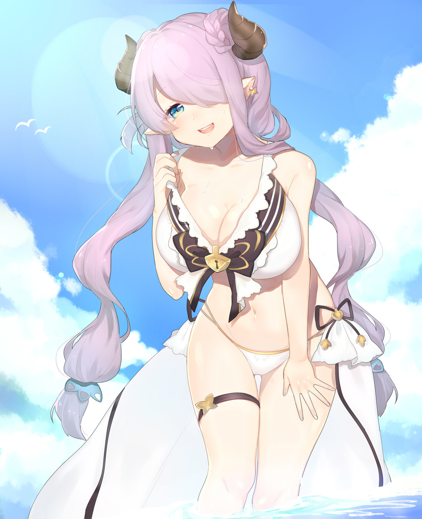 1girl absurdres bikini blue_eyes braid breasts cleavage cow_girl cow_horns curvy female granblue_fantasy hair_ornament hair_over_one_eye hairclip horns kino_(artist) large_breasts leaning_forward lock long_hair long_skirt looking_at_viewer narumeia_(granblue_fantasy) navel ocean open_mouth open_skirt outdoors pointy_ears purple_hair skirt sky smile solo standing summer sunburst swimsuit thigh_gap white_bikini white_swimsuit