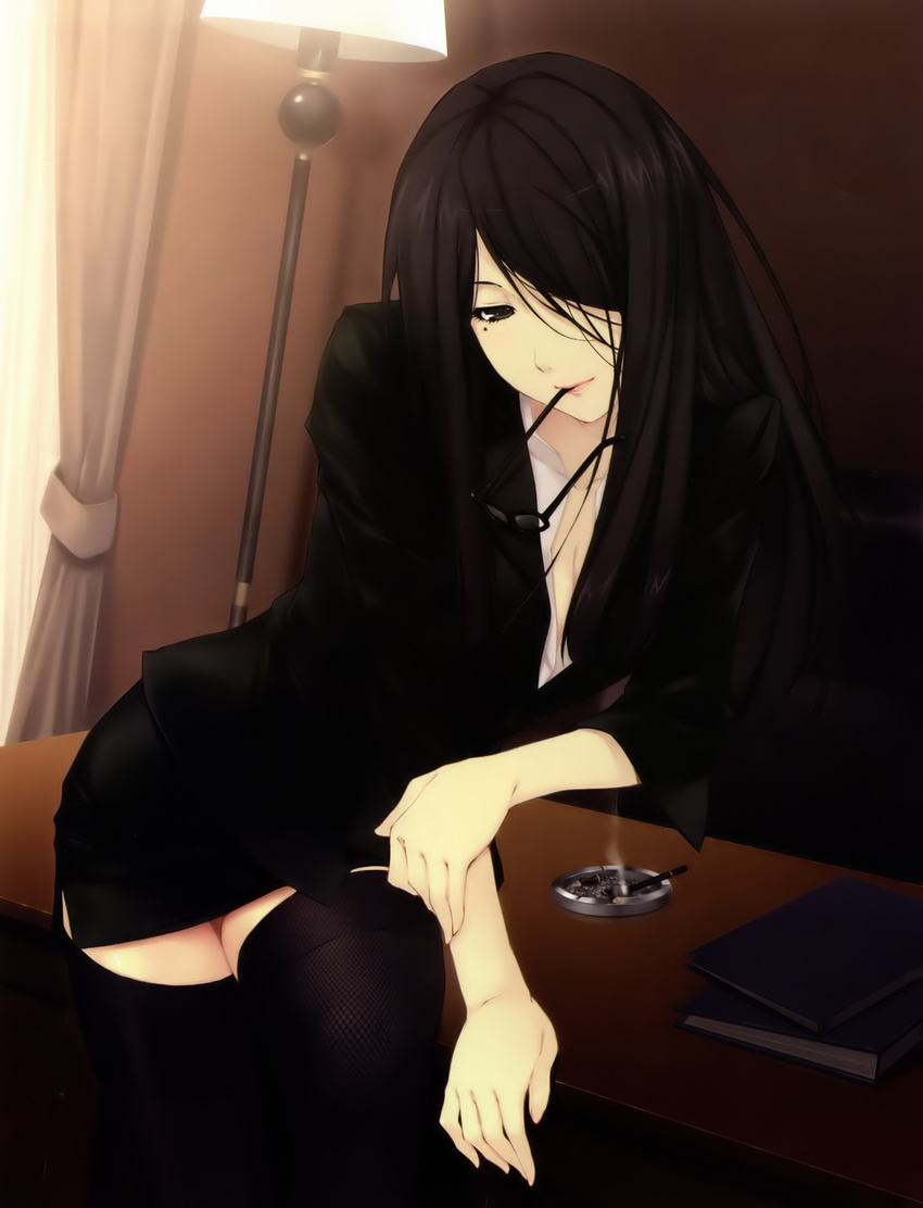 absurdres black_hair black_legwear book brown_eyes business_suit caucasus cigarette fishnet_legwear fishnets formal glasses hair_over_one_eye highres long_hair minakami_narumi mole mouth_hold no_bra office_lady solo sugina_miki suit thighhighs zettai_ryouiki