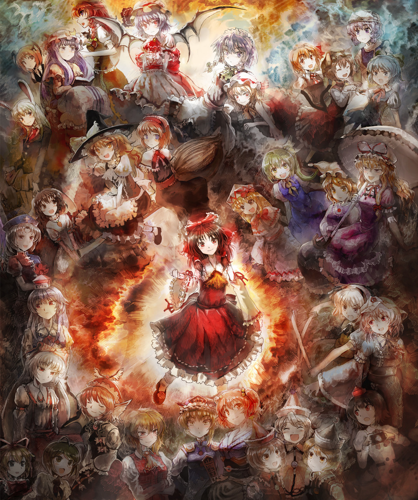 alice_margatroid blonde_hair chen cirno commentary_request daiyousei everyone flandre_scarlet fujiwara_no_mokou hakurei_reimu highres hong_meiling imperishable_night inaba_tewi izayoi_sakuya kamishirasawa_keine kazami_yuuka kirisame_marisa koakuma konpaku_youmu letty_whiterock lily_white lunasa_prismriver lyrica_prismriver medicine_melancholy merlin_prismriver multiple_girls mystia_lorelei onozuka_komachi patchouli_knowledge perfect_cherry_blossom phantasmagoria_of_flower_view reisen_udongein_inaba remilia_scarlet rod_of_remorse rumia saigyouji_yuyuko shameimaru_aya shiki_eiki the_embodiment_of_scarlet_devil touhou ultimate_asuka wriggle_nightbug yagokoro_eirin yakumo_ran yakumo_yukari