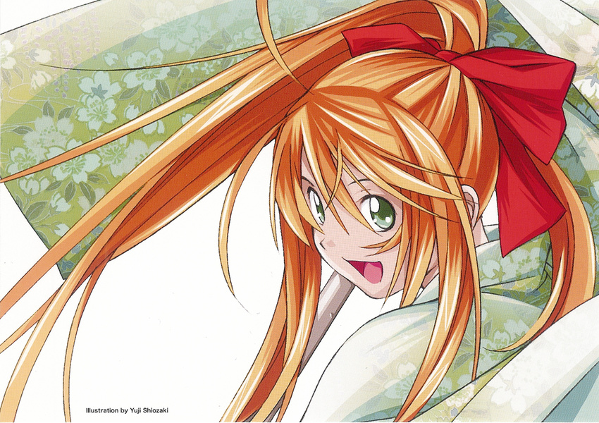 artist_name bow china_dress chinese_clothes dress green_eyes hair_bow highres ikkitousen light_brown_hair official_art open_mouth ponytail red_bow red_hair shiozaki_yuji solo sonsaku_hakufu