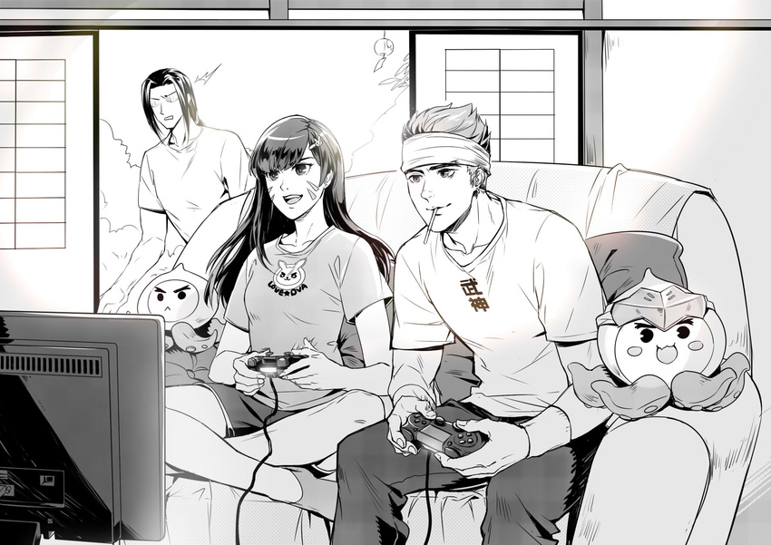 1girl 2boys alternate_hairstyle animal_print armband bangs blush blush_stickers bunny_hair_ornament bunny_print cable casual character_name clothes_writing collarbone controller couch d.va_(overwatch) dualshock ear_piercing earrings facial_mark food forehead_protector furrowed_eyebrows game_console game_controller gamepad genji_(overwatch) greyscale hair_ornament hairband hairclip hanzo_(overwatch) highres indian_style indoors jewelry long_hair low-tied_long_hair monochrome mouth_hold multiple_boys no_eyes open_mouth overwatch pachimari pants piercing pillow plant playing_games playstation_4 pocky shirt short_hair short_sleeves shorts sitting sliding_doors smile socks stud_earrings stuffed_animal stuffed_octopus stuffed_toy teeth television whisker_markings wind_chime younger