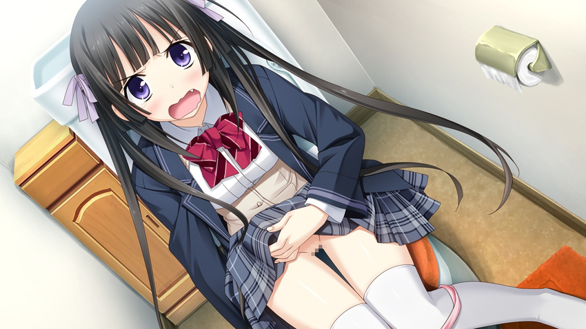 angry black_hair blue_jacket blue_skirt censored cupboard dutch_angle embarrassed fang game_cg hair_ribbon hotchkiss jacket knees_together_feet_apart long_hair looking_at_viewer marui_(koedame) mosaic_censoring open_mouth panties panty_pull pink_panties pink_ribbon plaid plaid_skirt purple_eyes pussy ribbon school_uniform sitting skirt skirt_lift solo sumiyoshi_nana tears thighhighs toilet toilet_paper toilet_use twintails underwear very_long_hair wavy_mouth white_legwear