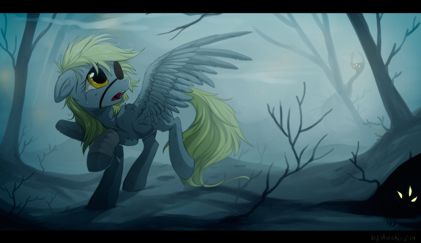 2014 bandage blonde_hair derpy_hooves_(mlp) equine eye_patch eyelashes eyewear feathered_wings feathers female feral forest friendship_is_magic fur grey_fur hair hioshiru hooves mammal mist my_little_pony night open_mouth outside pegasus solo standing tears teeth tree wings yellow_eyes