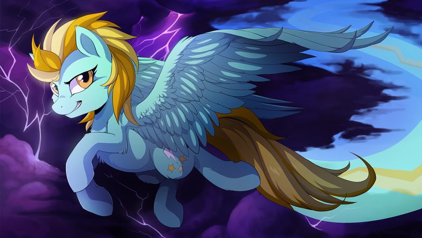 blonde_hair cutie_mark detailed_background equine feathered_wings feathers female feral flying friendship_is_magic fur hair hioshiru hooves lightning lightning_dust_(mlp) looking_at_viewer mammal multicolored_hair my_little_pony orange_eyes pegasus smile solo storm_clouds thunder turquoise_feathers turquoise_fur two_tone_hair wings