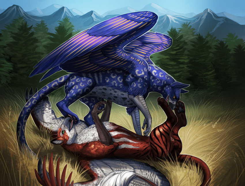 2016 4_toes 5_fingers 69_position amber_eyes ambiguous_gender anatomically_correct anatomically_correct_genitalia animal_genitalia avian balls beak bent_arm bent_legs black_stripes blue_feathers blue_fur cheetah day digital_media_(artwork) digital_painting_(artwork) digitigrade duo ears_up feathered_wings feathers feline feral field firi_(cheetahs) foot_fetish foot_lick forest fur green_eyes grey_beak grooming gryphon hi_res horny hybrid legs_up licking long_tail looking_up lying male male/ambiguous mammal mountain multicolored_fur nature nude on_back on_ground on_top open_mouth oral orange_feathers orange_fur outside penis penis_tip pointy_ears precum quadruped raised_arm raki_(cheetahs) realistic sex shaded shadow sheath simple_background soft_shading spots spotted_fur spread_wings striped_fur stripes tail_tuft theowlette tiger toes tongue tongue_out tree tuft two_tone_feathers two_tone_fur white_feathers white_fur white_stripes wings yellow_feathers
