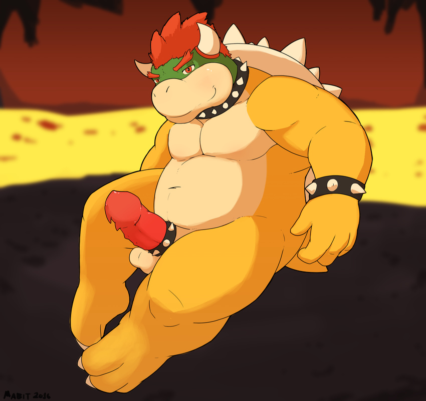 2016 anthro balls barefoot bowser bracelet collar erection glans jewelry koopa looking_at_viewer mabit male mario_bros musclegut navel nintendo penis pinup pose scalie shell signature sitting slightly_chubby solo spiked_bracelet spiked_cockring spiked_collar spikes video_games