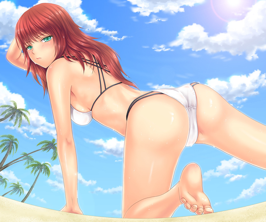 alha ass bare_legs barefoot bikini blush breasts character_request cloud cloudy_sky commentary_request day granado_espada green_eyes halter_top halterneck highres long_hair looking_at_viewer md5_mismatch medium_breasts multi-strapped_bikini palm_tree red_hair shiny shiny_skin sideboob sky solo string_bikini sweat swimsuit tree white_bikini