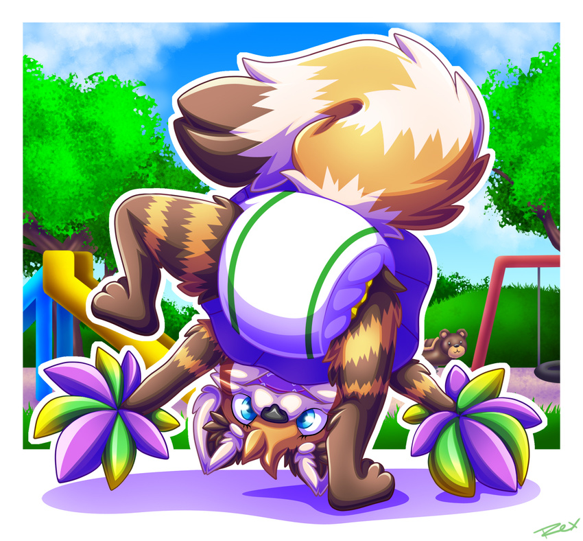 anthro bent_over blue_eyes brown_fur clothing cloud cub diaper female fur leaves looking_at_viewer mammal open_mouth paws red_panda rexam-1 sand sky slide solo swings tire tree young