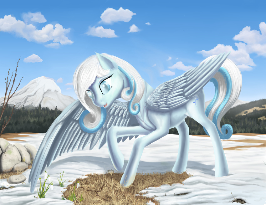 blue_eyes blue_feather blue_fur blue_hair cutie_mark day equine eyelashes fan_character feathered_wings feathers female feral fur grass hair hooves mammal my_little_pony open_mouth outside pale_eyes pegasus sky snow snowdrop solo standing white_hair wings