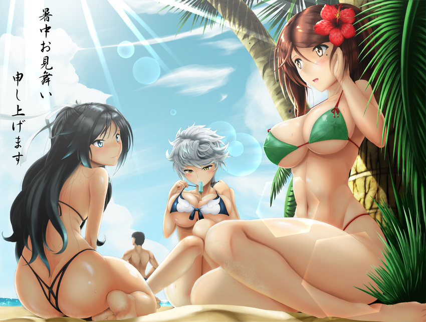 3girls adapted_costume adjusting_clothes adjusting_swimsuit alternate_costume amagi_(kantai_collection) ass asymmetrical_hair beach bikini black_bikini black_hair blue_eyes braid breasts brown_hair cloud cloud_print cloudy_sky day flower from_behind front-tie_top hair_between_eyes hair_flower hair_ornament hair_ribbon hand_on_own_cheek hibiscus highleg highleg_panties kantai_collection katsuragi_(kantai_collection) kokeshi_ningen large_breasts lens_flare light_rays looking_at_another looking_down mole mole_under_eye multiple_girls ocean open_mouth outdoors palm_leaf palm_tree panties ponytail ribbon sand shiny shiny_skin shochuumimai sideboob silver_hair single_braid sitting sky stomach sunlight swimsuit translation_request tree underboob underwear unryuu_(kantai_collection) water yellow_eyes