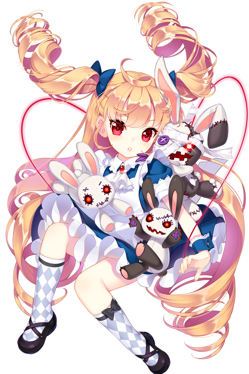 alice_(soccer_spirits) blonde_hair drill_hair full_body heart highres long_hair looking_at_viewer mary_janes non-web_source red_eyes red_ribbon ribbon shirahane_nao shoes soccer_spirits socks solo stitches stuffed_animal stuffed_bunny stuffed_toy transparent_background twin_drills