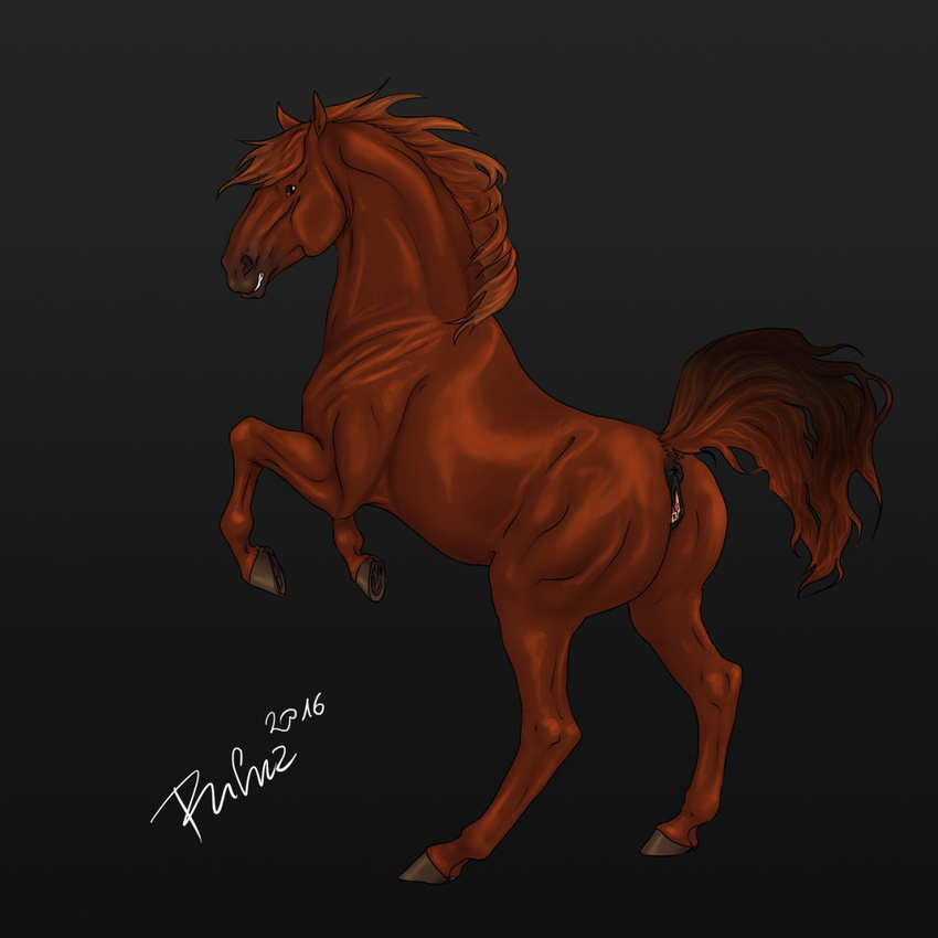 2016 anatomically_correct anatomically_correct_anus anatomically_correct_pussy animal_genitalia animal_pussy anus black_background brown_eyes brown_fur digital_media_(artwork) equine equine_pussy female feral fur hi_res hooves horse looking_at_viewer mammal mane on_hind_legs puffy_anus pussy quadruped raised_tail rufciu signature simple_background solo underhoof