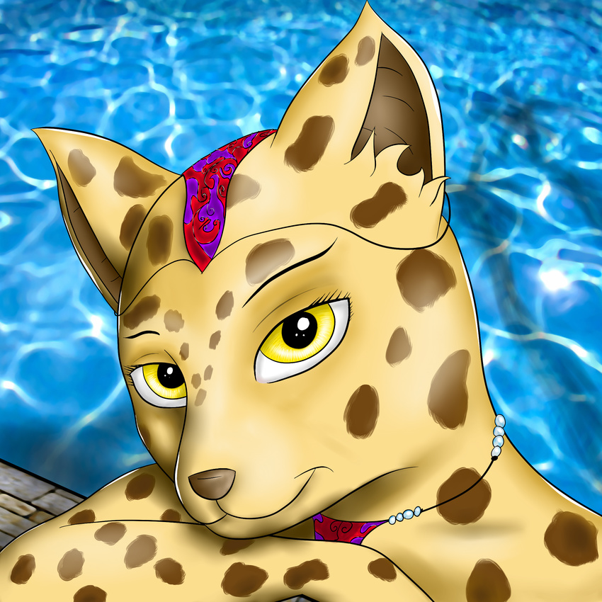 2016 absurd_res anthro bath bathing cheetah digital_media_(artwork) feline female fur hi_res jewlery looking_at_viewer mammal smile solo tailsoft water yellow_eyes