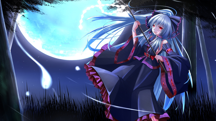 arm_garter arm_strap black_bow black_dress bow commentary_request detached_sleeves dress full_body full_moon hair_bow hair_tubes hakurei_reimu highres hitodama japanese_clothes long_hair long_sleeves looking_at_viewer m.u.g.e.n maga-reimu miko moon mujina_tanuki night outdoors parted_lips red_eyes ribbon-trimmed_sleeves ribbon_trim silver_hair solo tattoo touhou very_long_hair wide_sleeves