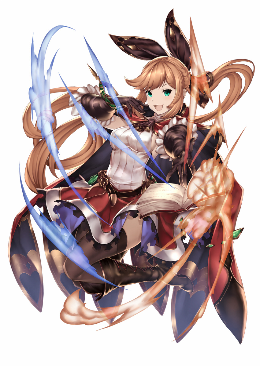:d black_footwear black_gloves black_legwear black_ribbon blonde_hair blush boots breasts cape clarisse_(granblue_fantasy) commentary_request foreshortening full_body gloves granblue_fantasy green_eyes hair_ribbon highres long_hair looking_at_viewer medium_breasts open_mouth pak_ce ponytail red_skirt ribbed_sweater ribbon sideboob skirt sleeveless sleeveless_turtleneck smile solo sweater thighhighs turtleneck