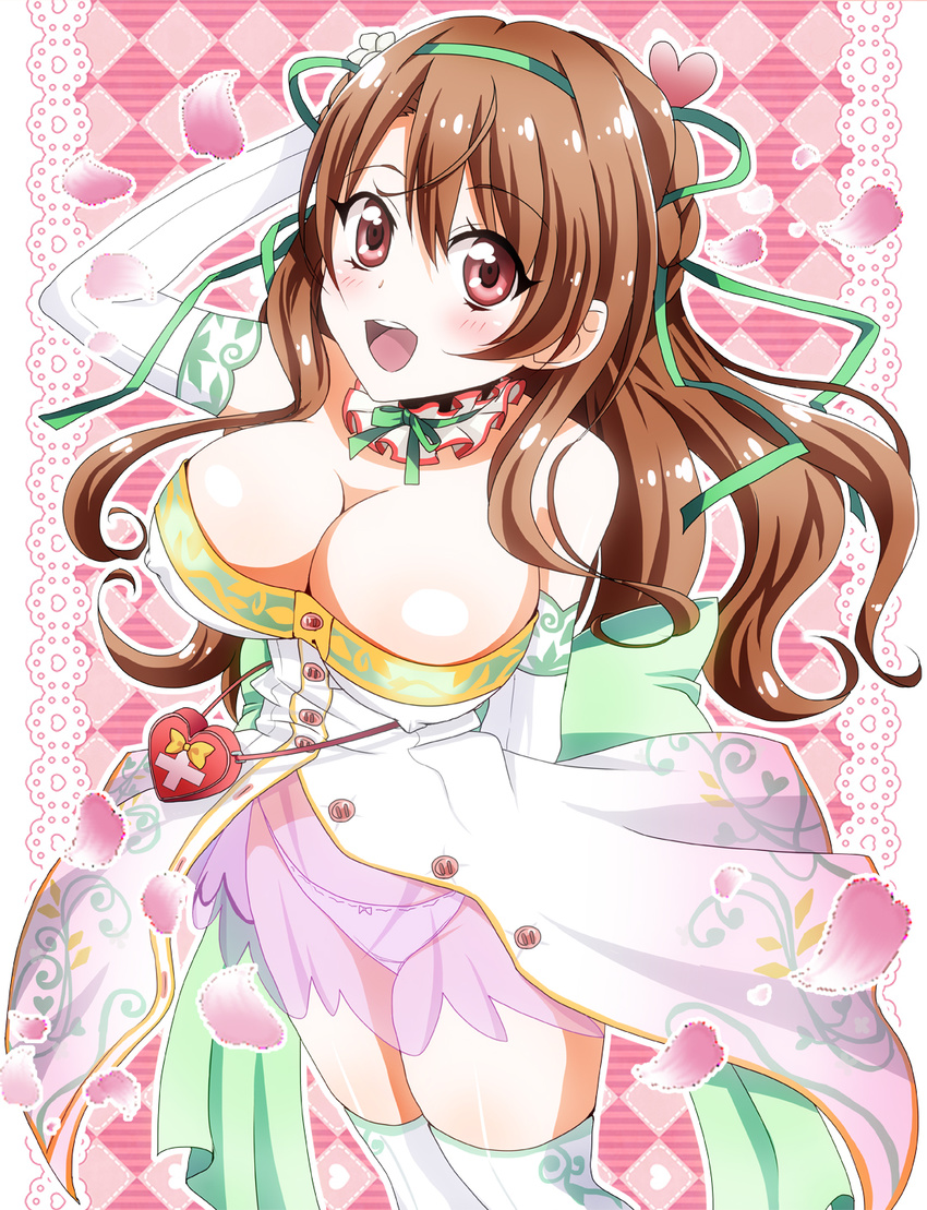 :d argyle argyle_background bare_shoulders breasts brown_eyes brown_hair buttons cleavage covered_nipples cowboy_shot detached_collar dress elbow_gloves flower_knight_girl gloves green_ribbon hair_ribbon highres jacket large_breasts long_hair looking_at_viewer masako_(sabotage-mode) nazuna_(flower_knight_girl) open_mouth panties pink_background pink_skirt ribbon see-through skirt smile solo strapless strapless_dress thighhighs underwear white_gloves white_legwear