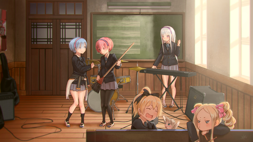:o ^_^ animal aqua_eyes arm_at_side arms_up bangs beatrice_(re:zero) black_ribbon blazer blonde_hair blue_eyes blue_hair blue_ribbon blurry blush breasts broom cable cat chalkboard closed_eyes closed_mouth clothes_around_waist clubroom contemporary cosplay cymbals depth_of_field door dress_shirt drill_hair drum drum_set drumsticks electric_organ elf emilia_(re:zero) fang felt_(re:zero) flat_chest floor grey_legwear grey_skirt guitar_case hair_ornament hair_over_one_eye hair_ribbon hairband head_rest highres holding holding_broom indoors instrument instrument_case jacket jacket_around_waist justin_leyva_(steamy_tomato) k-on! keyboard_(instrument) knees_together_feet_apart laughing legs_together light_particles long_hair long_sleeves looking_at_another medium_breasts multiple_girls music neck_ribbon outstretched_hand pantyhose parody pink_hair playing_instrument pleated_skirt plectrum pointy_ears ponytail poster_(object) pout puck_(re:zero) purple_eyes ram_(re:zero) re:zero_kara_hajimeru_isekai_seikatsu red_eyes rem_(re:zero) ribbon sakuragaoka_high_school_uniform school school_uniform seiyuu_connection shirt shoes short_hair siblings silver_hair sisters skirt small_breasts smile speaker standing symbol-shaped_pupils track_jacket twin_drills twins unconventional_guitar uwabaki wainscoting wall white_shirt window wooden_floor
