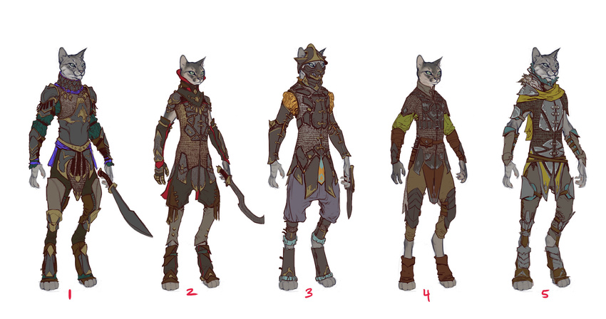 ambiguous_gender anthro armor cat clothing digitigrade feline helmet hi_res lineup mammal melee_weapon overgrowth steve_hong sword weapon