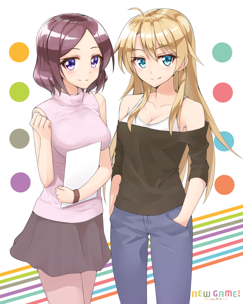 ahoge bare_shoulders blonde_hair blue_eyes blush breasts camisole cleavage copyright_name hands_in_pockets highres long_hair looking_at_viewer medium_breasts multiple_girls new_game! off-shoulder_shirt purple_eyes purple_hair shirt short_hair shunichi skirt sleeveless sleeveless_turtleneck smile tooyama_rin turtleneck yagami_kou