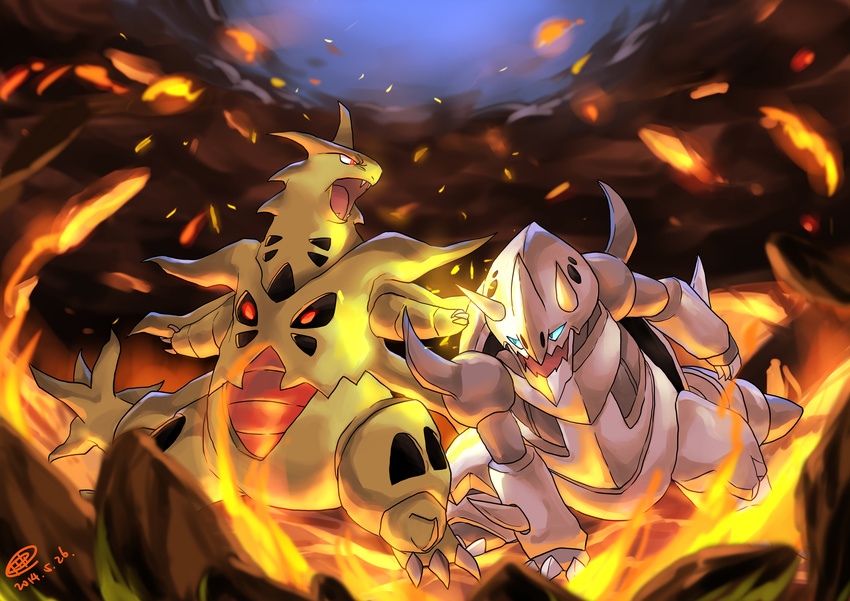 aggron battle blue_eyes claws daji_yaozi dated fangs fire gen_2_pokemon gen_3_pokemon glowing glowing_eyes highres horns looking_at_another mega_aggron mega_pokemon mega_tyranitar no_humans open_mouth pokemon pokemon_(creature) red_eyes signature smoke spikes tail tyranitar