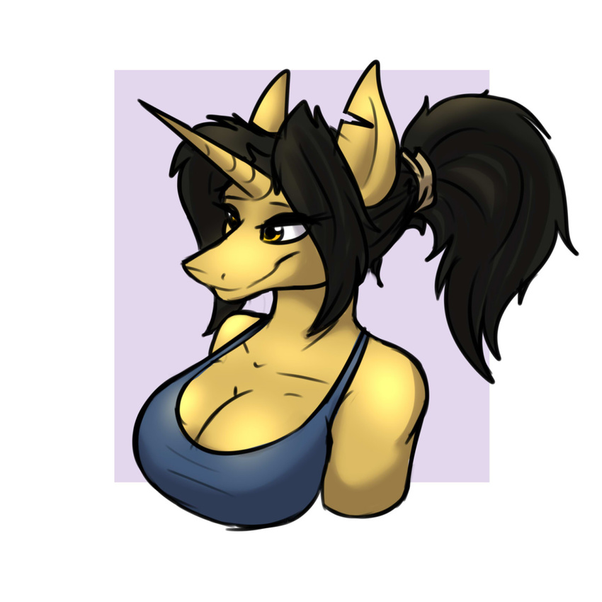 2016 amber_eyes amber_steel anthro black_hair breasts bust_(disambiguation) cleavage clothed clothing equine female hair horn mammal metalfoxxx ponytail solo unicorn